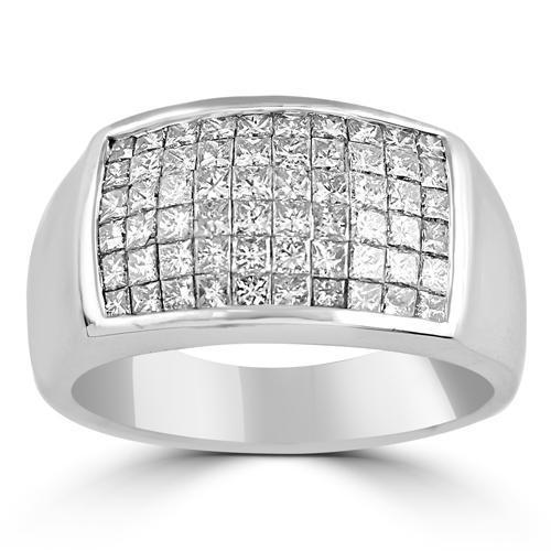 14K White Solid Gold Mens Diamond Princess Cut Ring 2.50 Ctw