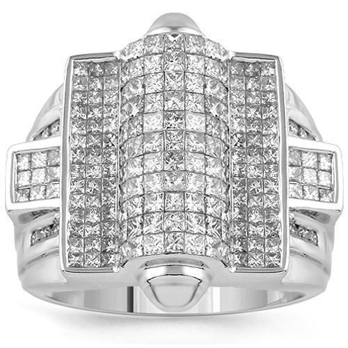 14K White Solid Gold Mens Large Ring With Princess Cut And Round Cut Diamonds 3.75 Ctw