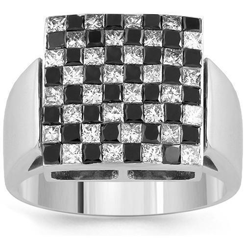 14K White Solid Gold Mens Ring With Black And White Princess Cut Diamond Ring Ctw
