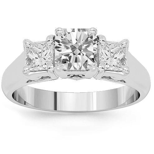 14K White Solid Gold Three Stone Diamond Engagement Ring 1.70 Ctw