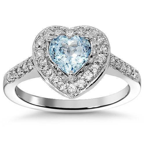 14K White Solid Gold Womens Diamond Aquamarine Heart Ring 0.89 Ctw