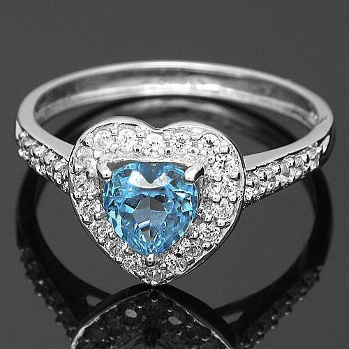 14K White Solid Gold Womens Diamond Aquamarine Heart Ring 0.89 Ctw