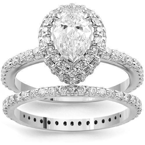 14K White Solid Gold Womens Diamond Bridal Ring Set With EGL Certified Pear Shaped Diamond 2.14 Ctw