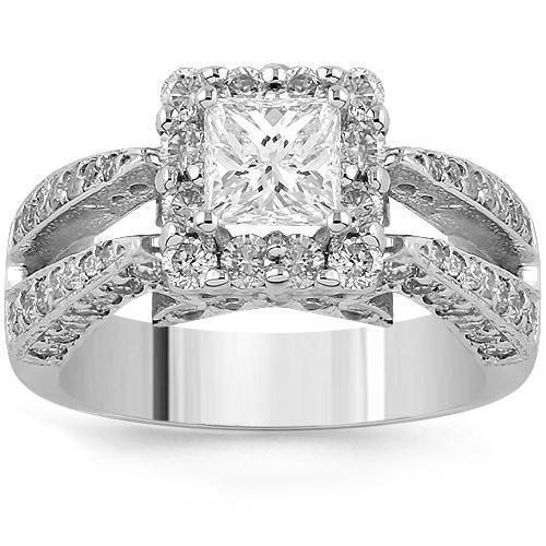 14K White Solid Gold Womens Diamond Engagement Ring With Princess Cut Center Stone 2.03 Ctw