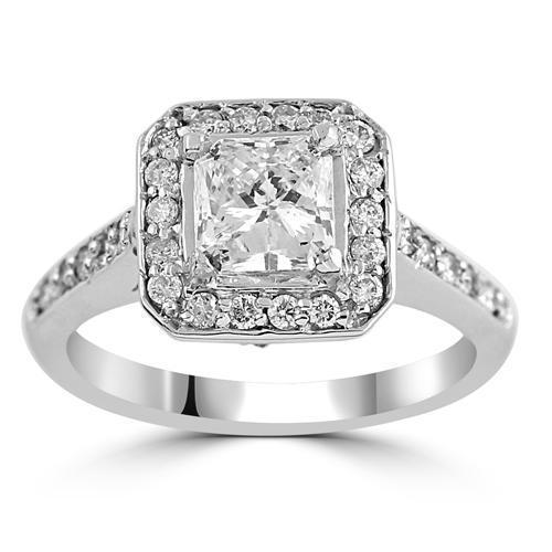 14K White Solid Gold Womens Diamond Square Halo With Side Stones Engagement Ring 1.52 Ctw