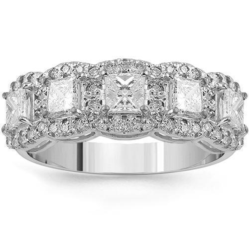 14K White Solid Gold Womens Wedding Ring Band With Round And Princess Cut Diamonds 1.69 Ctw