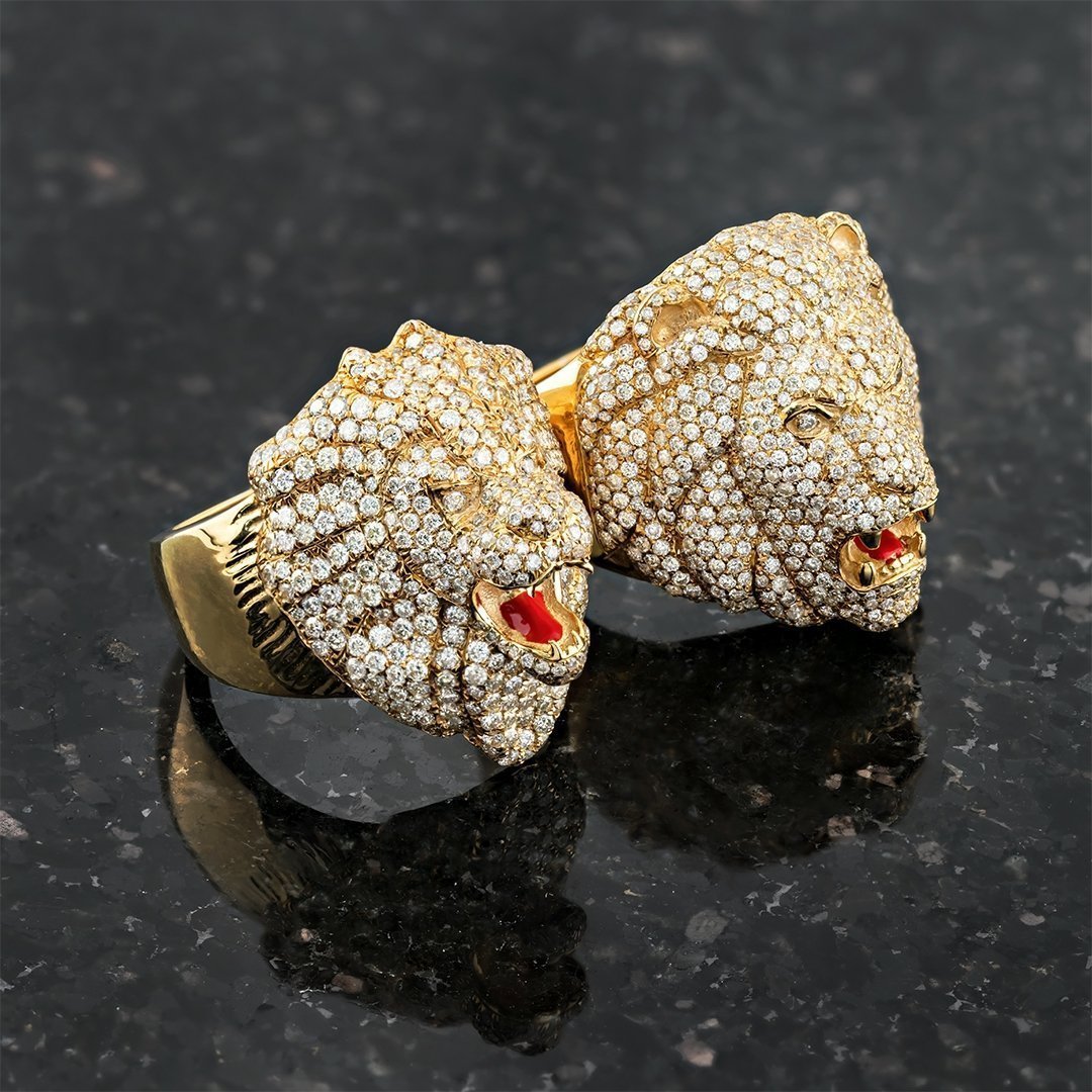 14K Yellow Gold Diamond Lion Ring 2 CTW