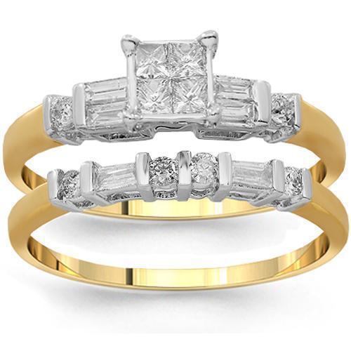 14K Yellow Solid Gold Diamond Bridal Ring Set 0.79 Ctw