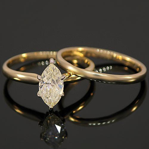 14K Yellow Solid Gold Diamond Bridal Ring Set 0.99 Ctw