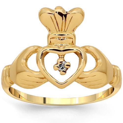 14K Yellow Solid Gold Diamond Irish Claddagh Ring 0.01 Ctw