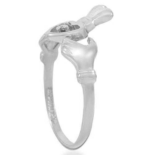 14K Yellow Solid Gold Diamond Irish Claddagh Ring 0.01 Ctw