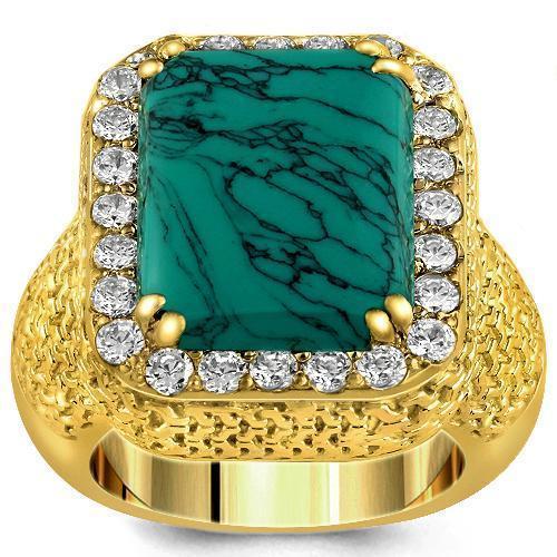 14K Yellow Solid Gold Diamond Mens Turquoise Ring