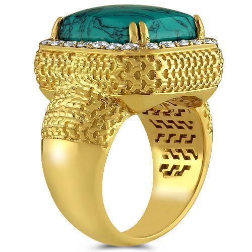 14K Yellow Solid Gold Diamond Mens Turquoise Ring