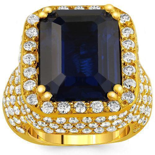 14K Yellow Solid Gold Large Diamond Mens Blue Sapphire Ring 18.00 Ctw