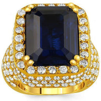 Thumbnail for 14K Yellow Solid Gold Large Diamond Mens Blue Sapphire Ring 18.00 Ctw