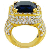 Thumbnail for 14K Yellow Solid Gold Large Diamond Mens Blue Sapphire Ring 18.00 Ctw