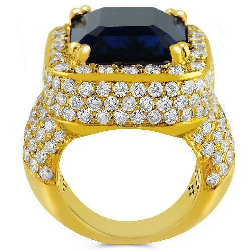 14K Yellow Solid Gold Large Diamond Mens Blue Sapphire Ring 18.00 Ctw