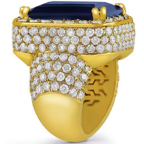 14K Yellow Solid Gold Large Diamond Mens Blue Sapphire Ring 18.00 Ctw