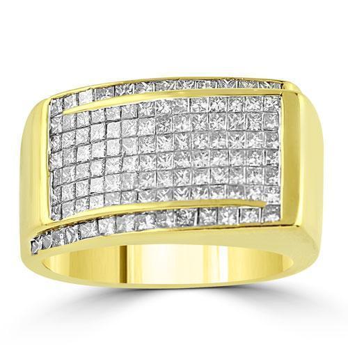 14K Yellow Solid Gold Large Mens Diamond Princess Cut Ring 2.50 Ctw