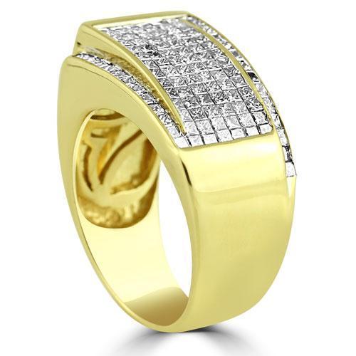 14K Yellow Solid Gold Large Mens Diamond Princess Cut Ring 2.50 Ctw