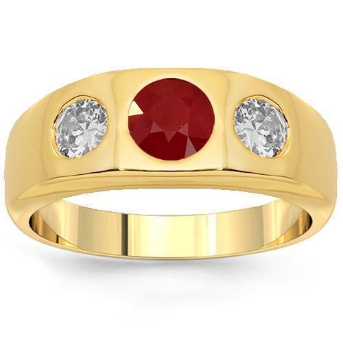 Ruby Mens 14k Pinky Ring 14K Yellow Solid Gold Mens Diamond Ruby
