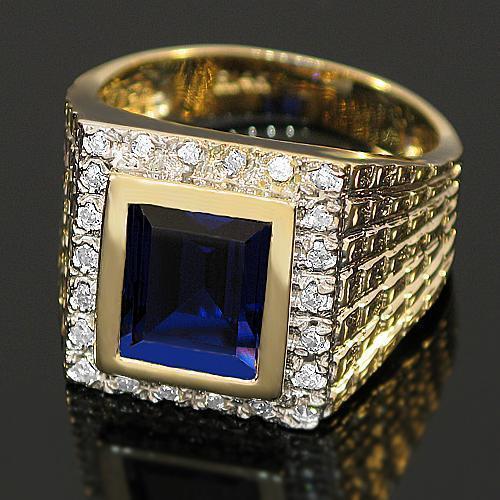 14K Yellow Solid Gold Mens Diamond Sapphire Pinky Ring 0.50 Ctw