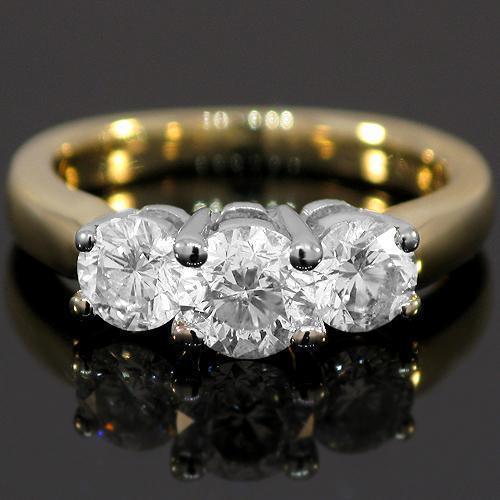 14K Yellow Solid Gold Three Stone Diamond Engagement Ring 1.10 Ctw