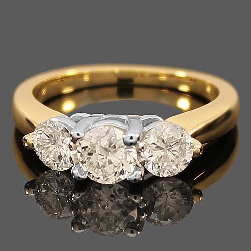 14K Yellow Solid Gold Three Stone Diamond Engagement Ring 1.41 Ctw