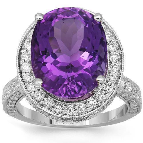 18K Solid White Gold Diamond Amethyst Cocktail Ring 11.29 Ctw
