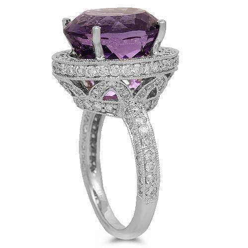 18K Solid White Gold Diamond Amethyst Cocktail Ring 11.29 Ctw