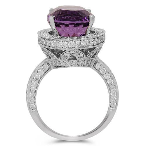 18K Solid White Gold Diamond Amethyst Cocktail Ring 11.29 Ctw