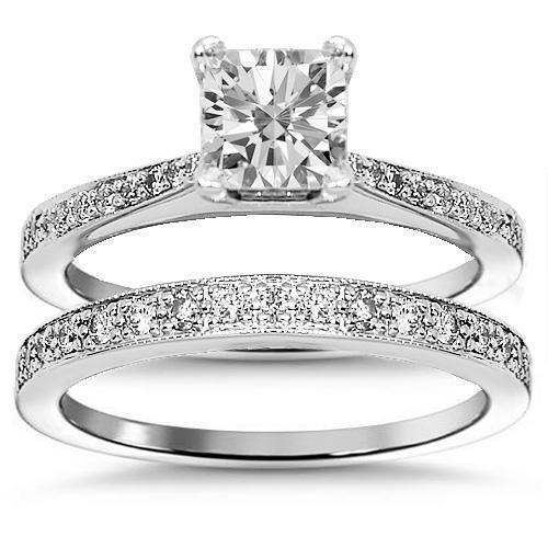 18K Solid White Gold Diamond Bridal Ring Set 1.51 Ctw