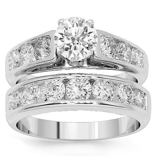 18K White Solid Gold Diamond Bridal Ring Set 2.66 Ctw