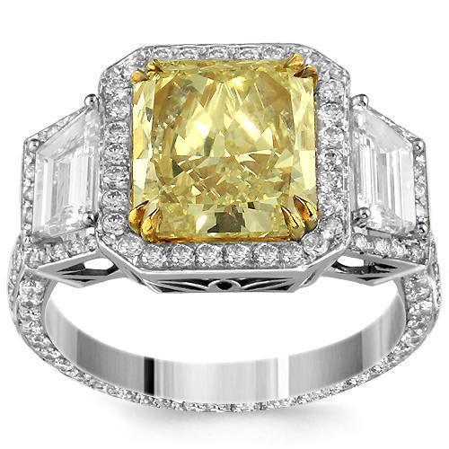 18K White Solid Gold GIA Certified Diamond Womens Ring With Natural Fancy Yellow Radiant Cut Diamond 5.50 Ctw