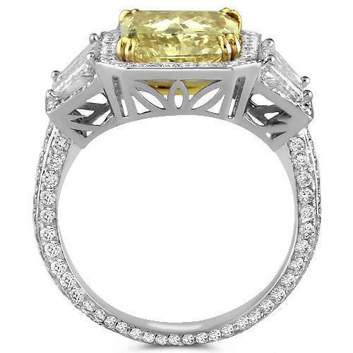 18K White Solid Gold GIA Certified Diamond Womens Ring With Natural Fancy Yellow Radiant Cut Diamond 5.50 Ctw