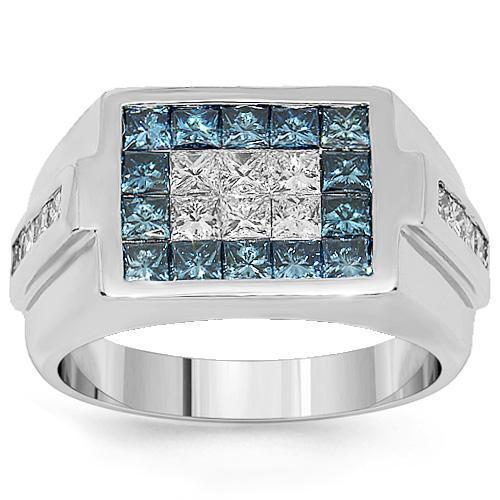 18K White Solid Gold Mens Diamond Ring with Blue Diamonds Ctw