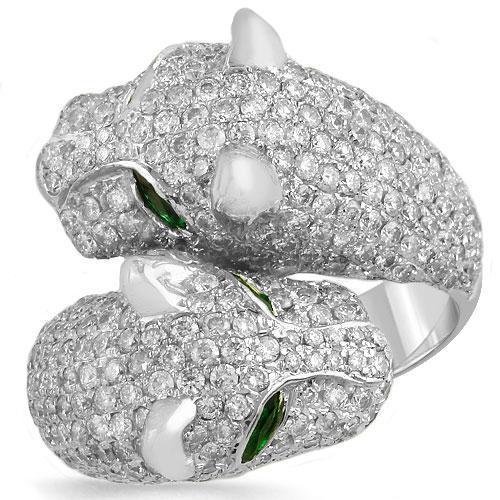 18K White Solid Gold Womens Diamond Emerald Tiger Animal Ring  4.80 Ctw