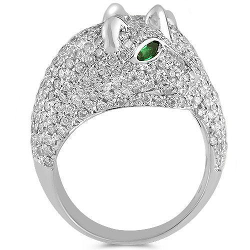 18K White Solid Gold Womens Diamond Emerald Tiger Animal Ring  4.80 Ctw