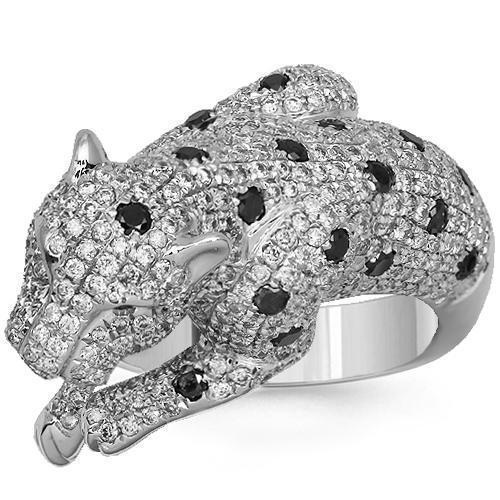 18K White Solid Gold Womens Diamond Panther Ring with Black Diamonds 1.89 Ctw