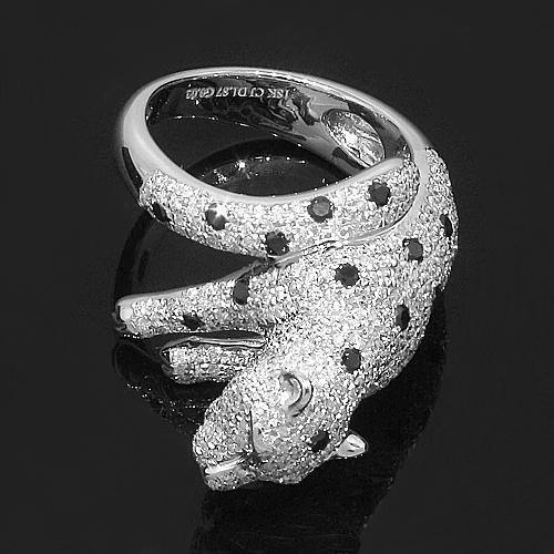 18K White Solid Gold Womens Diamond Panther Ring with Black Diamonds 1.89 Ctw