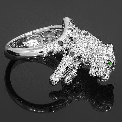 18K White Solid Gold Womens Diamond Panther Ring with Black Diamonds 1.89 Ctw