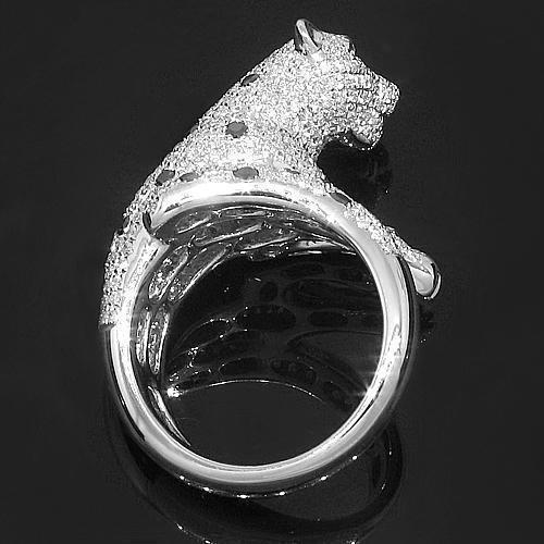 18K White Solid Gold Womens Diamond Panther Ring with Black Diamonds 1.89 Ctw