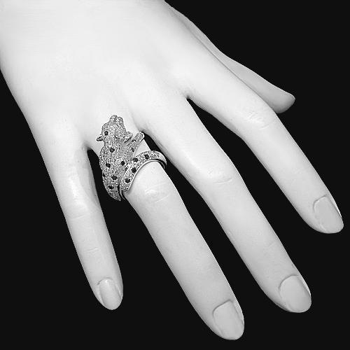 18K White Solid Gold Womens Diamond Panther Ring with Black Diamonds 1.89 Ctw