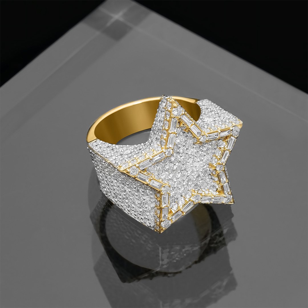 Star ring with Baguettes in 14k Gold 7 Ctw