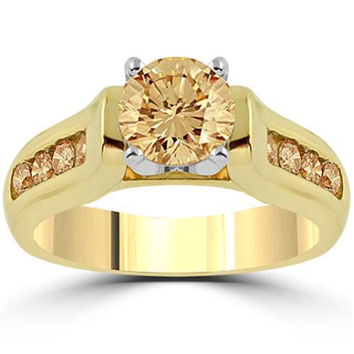 Champagne Diamond Engagement Ring With Side Stones 1.15 Ctw in 14K Yellow Solid Gold