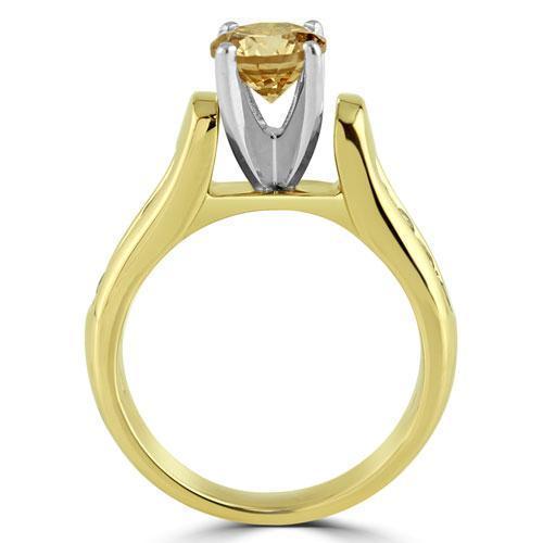 Champagne Diamond Engagement Ring With Side Stones 1.15 Ctw in 14K Yellow Solid Gold