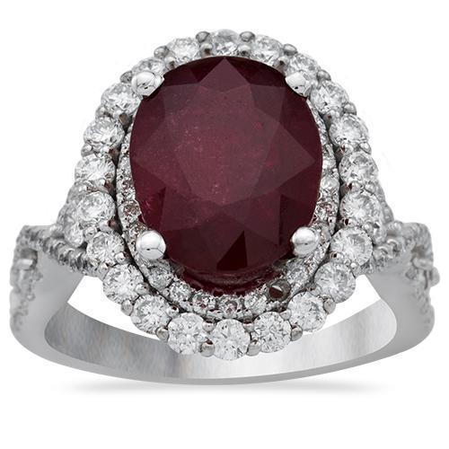 Diamond Big Ruby Ring in 18k White Gold 8.34 Ctw