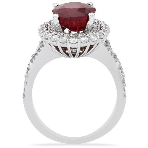 Diamond Big Ruby Ring in 18k White Gold 8.34 Ctw