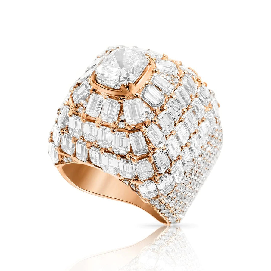 Diamond Emerald Pinky Ring With Cushion Center Stone In 14K Rose Gold 15.66 CTW