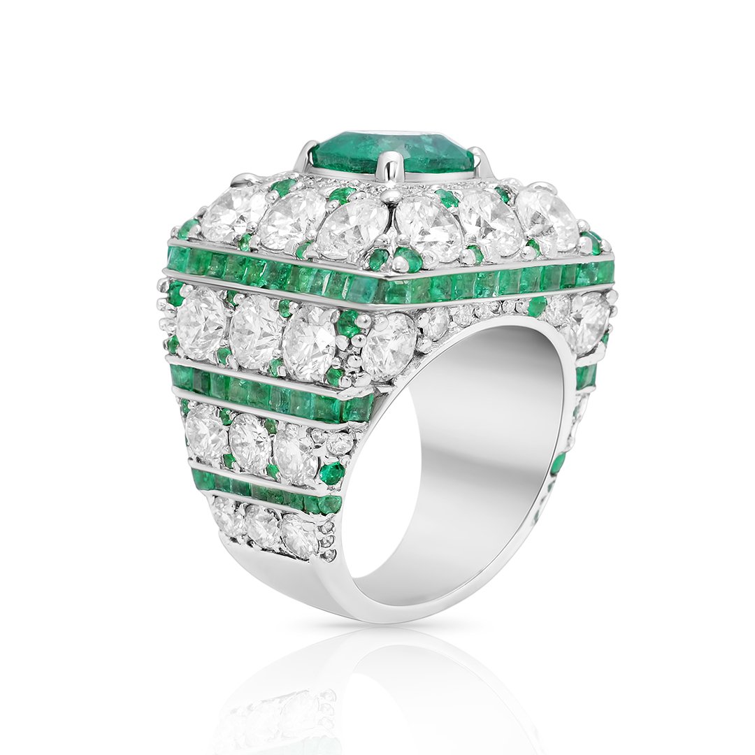 Diamond Green Emerald Pinky Ring in 14k White Gold 20 Ctw